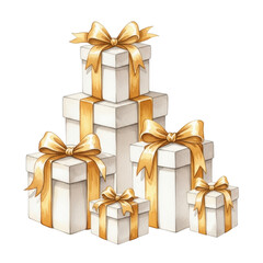 Stack of white gift boxes with gold ribbon isolated on transparent background