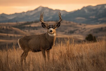 Obraz premium Montana Deer Trophy with Majestic Antlers in Golden Hour Light