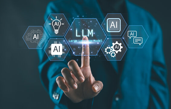 Futuristic concept of artificial intelligence and large language models (LLM) with glowing AI icons and woman hand interface. Innovation in machine learning and digital transformation.
