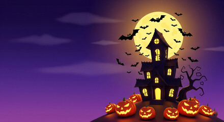 Cartoon Haunted House with Pumpkins, Bats, and Full Moon