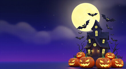 Fototapeta premium Cartoon Haunted House with Pumpkins, Bats, and Full Moon