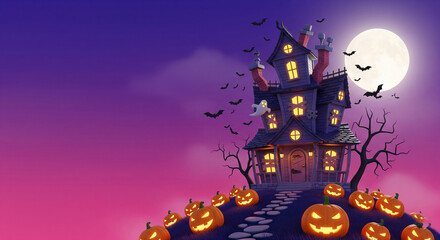 Cartoon Haunted House with Pumpkins, Bats, and Full Moon