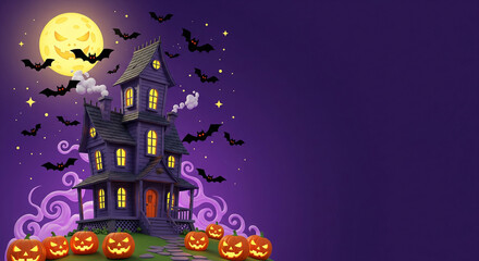 Fototapeta premium Cartoon Haunted House with Pumpkins, Bats, and Full Moon