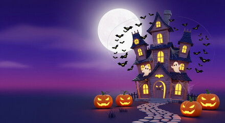 Cartoon Haunted House with Pumpkins, Bats, and Full Moon