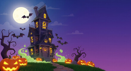 Cartoon Haunted House with Pumpkins, Bats, and Full Moon
