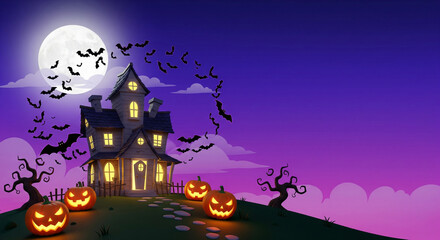 Cartoon Haunted House with Pumpkins, Bats, and Full Moon