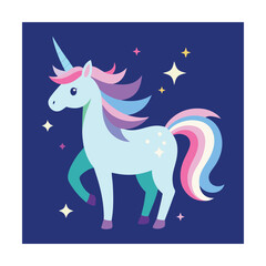 Fototapeta premium Cute cartoon unicorn with rainbow mane and tail on dark blue background