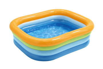 Inflatable rectangular paddling pool filled with water on transparent background