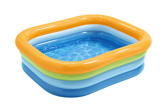 Inflatable rectangular paddling pool filled with water on transparent background
