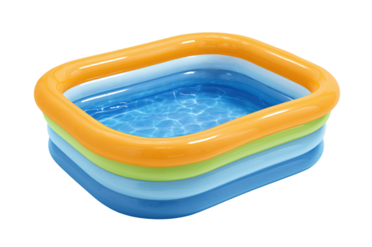 Inflatable rectangular paddling pool filled with water on transparent background