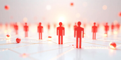Clean 3D rendering of a human-icon social connection network showing people avatars linked together in an interconnected system symbolizing communication, teamwork, community, and digital interaction.