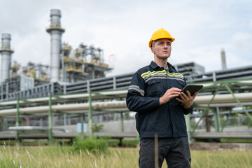 Confident male petrochemical engineer with digital tablet working inspection and maintenance...