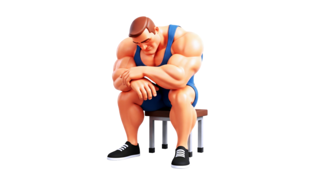 3d cartoon wrestler contemplative pose, defeat, resignation, strength, and resilience, isolated on transparent background
