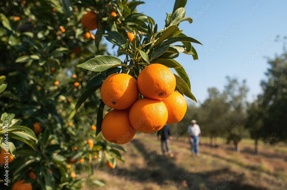Poster cluster of mature oranges dangling from a tree branch