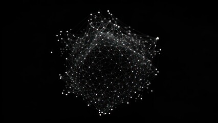Abstract 3D structure of interconnected nodes and lines forming a sphere-like shape against a black background
