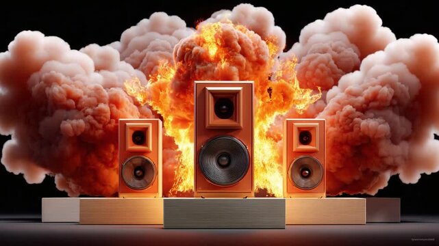 Explosive Sound Experience: A captivating display of powerful audio, showcasing speakers amidst an explosive, fiery burst of energy and soundwaves. 