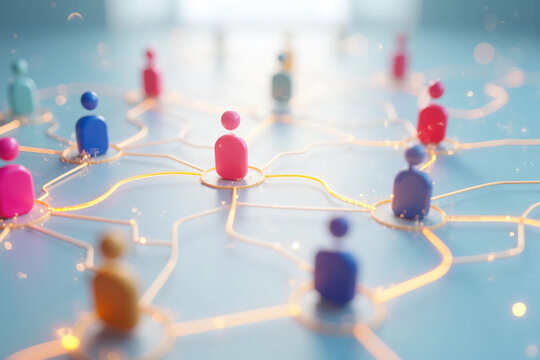 Clean 3D rendering of a human-icon social connection network showing people avatars linked together in an interconnected system symbolizing communication, teamwork, community, and digital interaction.