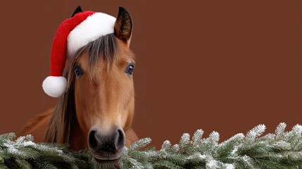 Festive horse wearing santa hat with snowy pine branches on brown background