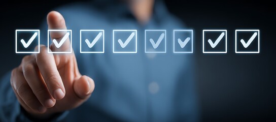 Businessman tick correct sign mark for document approve, project acceptance and quality assurance concept, take an assessment, questionnaire, evaluation, online survey, online exam, checklist.