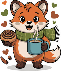 Fototapeta premium cartoon fox enjoying a warm drink and cinnamon roll with cozy heart decorations