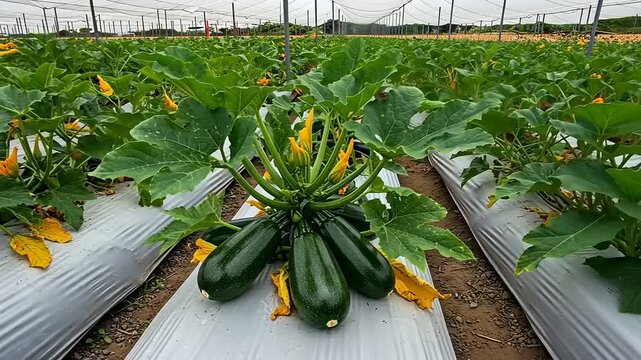 Lush zucchini plants thriving in a vibrant greenhouse