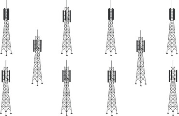 Collection of telecommunication towers with antennas, mobile signal transmitters, wireless communication infrastructure design, network technology, and cellular base stations illustration
