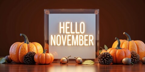 hello november sign with pumpkins and acorns