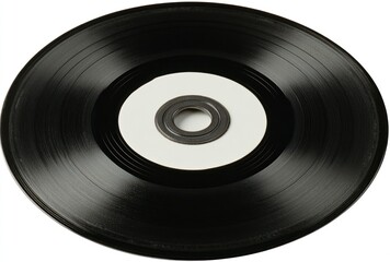 Obraz premium A glossy black vinyl record with a white center label displayed against a white background