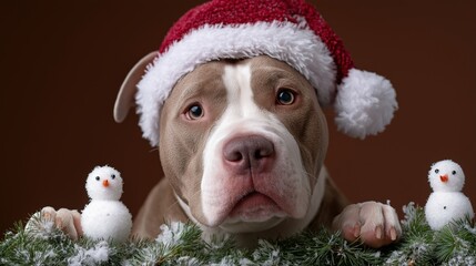 Adorable pitbull in santa hat with mini snowmen and holiday garland