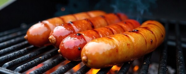 Close-up shot of a juicy hot dog and a plump bratwurst on a grill, sizzling and ready to eat Perfectly seared, with visible grill marks Delicious summer food , picnic, meal, mustard
