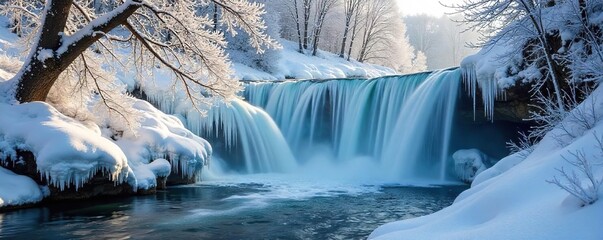 Serene Winter Waterfall Icy Cascade Illuminates Snow-Covered Landscape