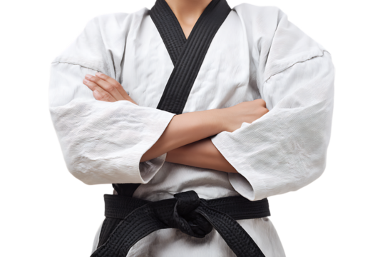 Martial arts expert with black belt, arms crossed.