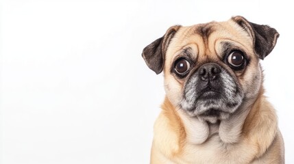 Close up portrait of pug dog on white background
