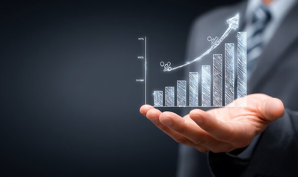Hand holding graph with percentage, special offer of shopping department store discount and tax concept, adjusting interest rates, raising interest rates to fight inflation, returns on investments.