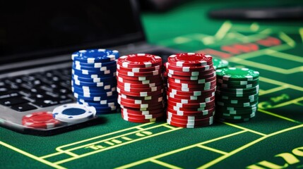 Naklejka premium Online poker chips on table with laptop