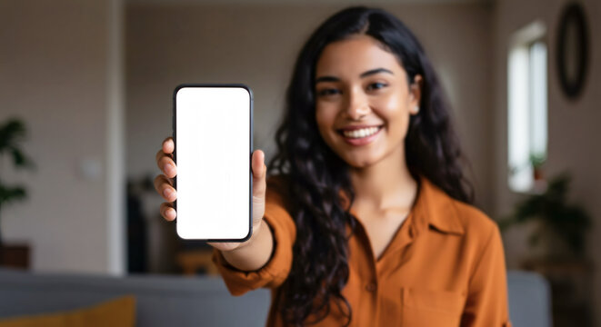 Smiling Woman Shows Blank Smartphone Screen.