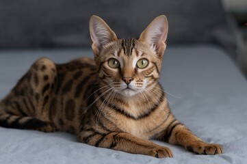Fototapeta na wymiar Attractive short-furred young feline relaxing on bed indoors, Bengal breed gazing at lens. Pets in home environment.