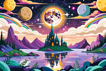 Fantasy mystical horizon with glowing moons and surreal magical atmosphere, enchanted wonderland