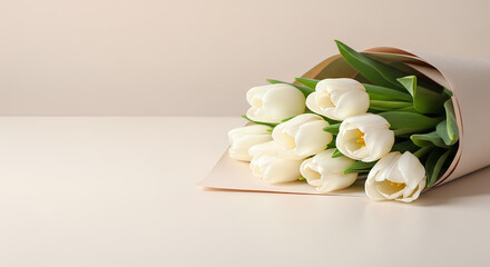 Bouquet of white tulips on a soft beige background. Elegant floral arrangement with fresh green leaves and clean wrapping. Perfect for spring celebrations, weddings, or floral gift designs.
