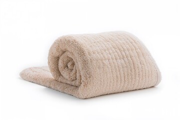 Roll of blanket wash cloth isolated on a white backdrop for travel, fitness, home, spa, gym, health, bathroom, luxury, global theme