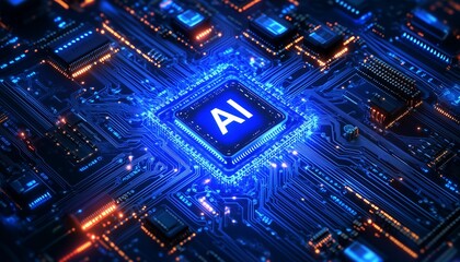 Obraz premium Dynamic view of a high-tech AI microchip on a futuristic circuit board.