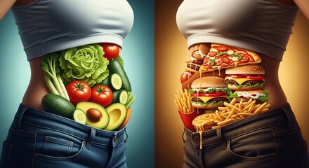 A comparison of healthy eating versus unhealthy eating represented in human bodies side by side
