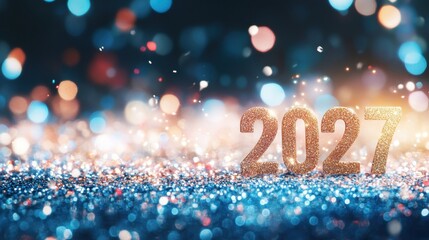 The numbers 2027 are adorned in glitter and set against a backdrop of vibrant, shimmering lights, creating a celebratory atmosphere