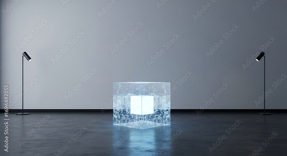Poster a glowing ice cube in a minimalist room, illuminated by spotlights, creating a modern and surreal at