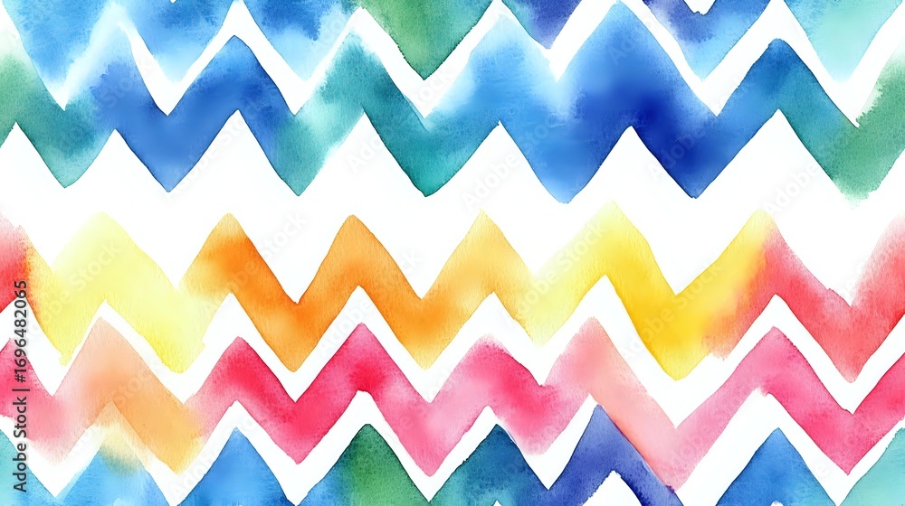 Poster vibrant watercolor chevron pattern in rainbow colors with soft blending and white spaces creates sea