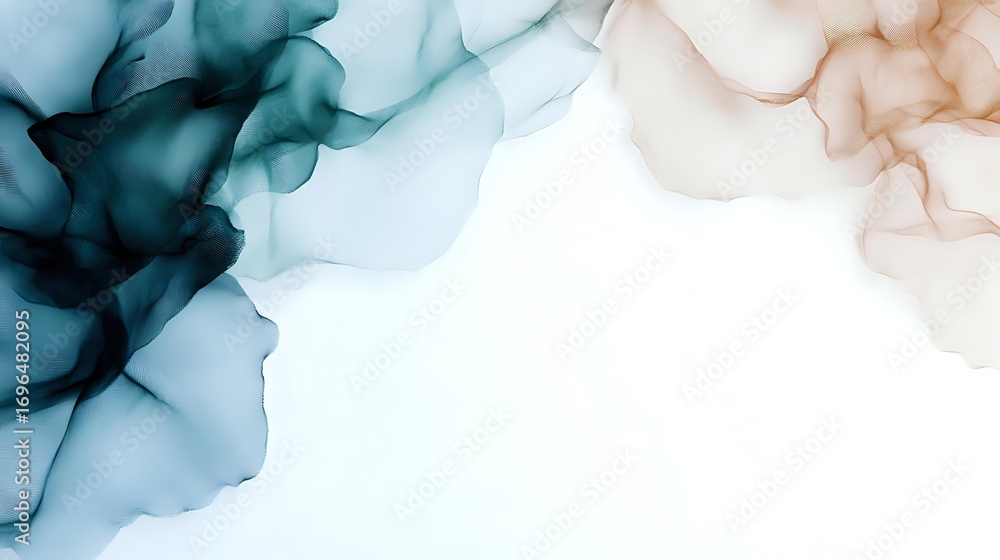 Poster ethereal teal and peach alcohol ink art flows across white background creating dreamy abstract compo