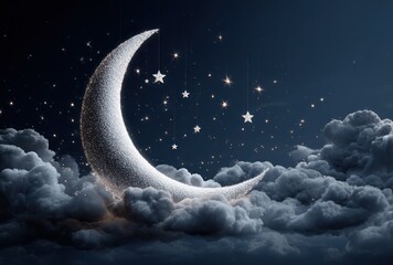 Luminous crescent moon nestled atop fluffy clouds, adorned with twinkling stars against a deep blue, dreamy night sky backdrop