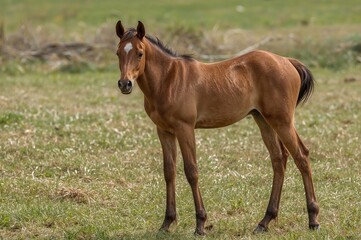 Fototapeta premium Young brown horse standing in a field