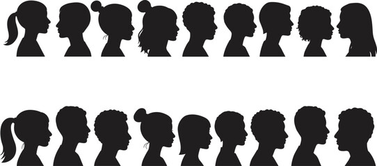 Human head silhouette collection, male and female profile faces vector set, people outline illustration, side view portrait design elements, hairstyle variation icons