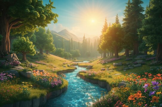 Sunny daytime scene in a cartoon forest setting